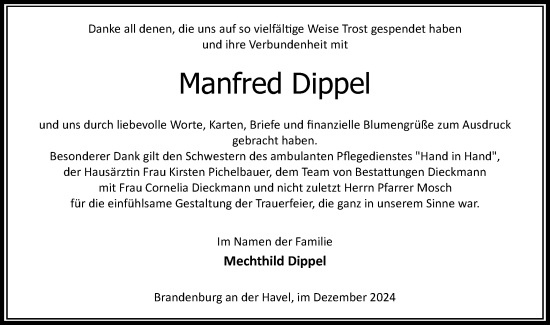 Traueranzeige von Manfred Dippel von Märkische Oderzeitung