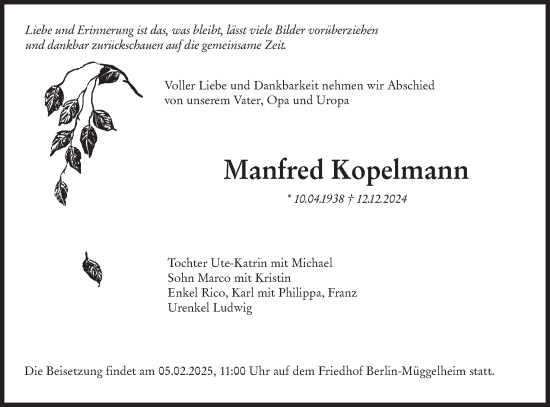 Traueranzeige von Manfred Kopelmann von Märkische Oderzeitung