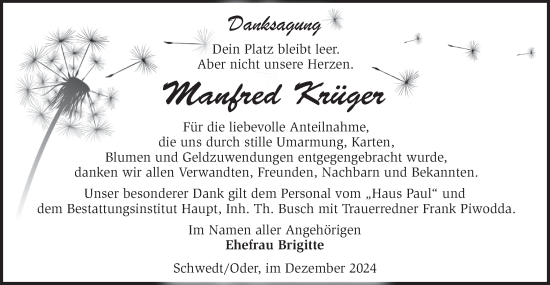 Traueranzeige von Manfred Krüger von Märkische Oderzeitung