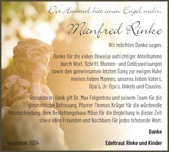 Traueranzeige von Manfred Rinke von Märkische Oderzeitung