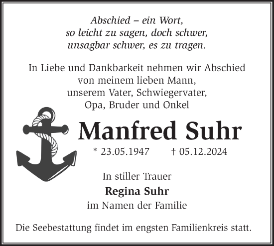 Traueranzeige von Manfred Suhr von Märkische Oderzeitung