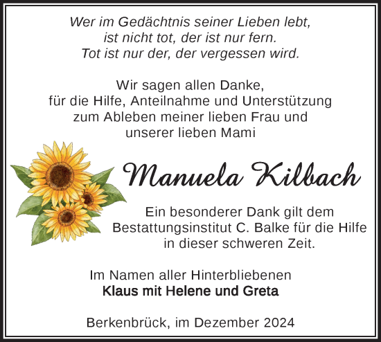 Traueranzeige von Manuela Kilbach von Märkische Oderzeitung