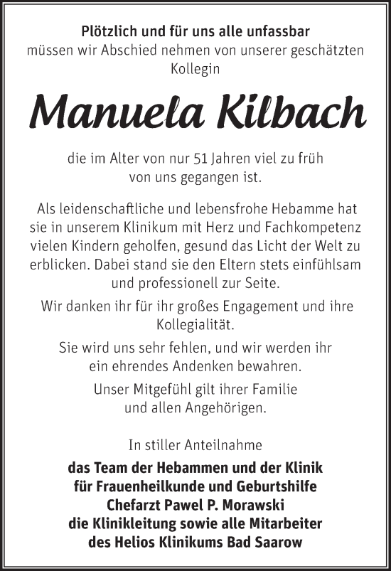 Traueranzeige von Manuela Kilbach von Märkische Oderzeitung