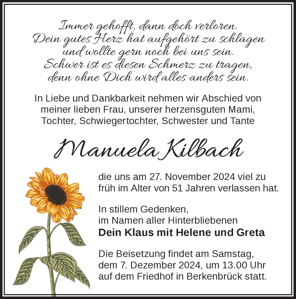  Traueranzeige für Manuela Kilbach vom 03.12.2024 aus Märkische Oderzeitung