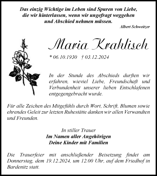 Traueranzeige von Maria Krahlisch von Märkische Oderzeitung