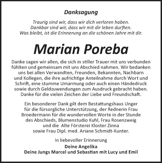 Traueranzeige von Marian Poreba von Märkische Oderzeitung