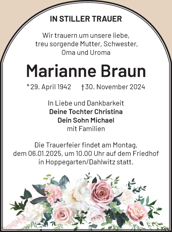 Traueranzeige von Marianne Braun von Märkische Oderzeitung