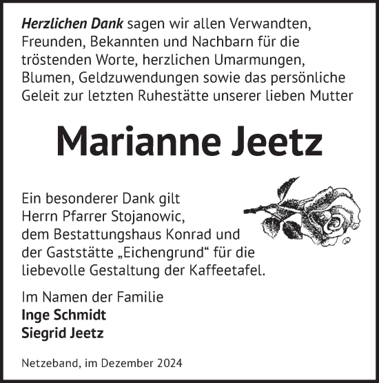 Traueranzeige von Marianne Jeetz von Märkische Oderzeitung