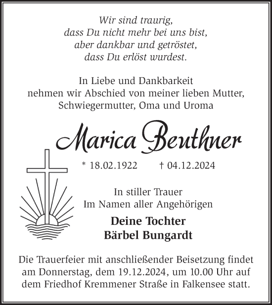 Traueranzeige von Marica Beuthner von Märkische Oderzeitung