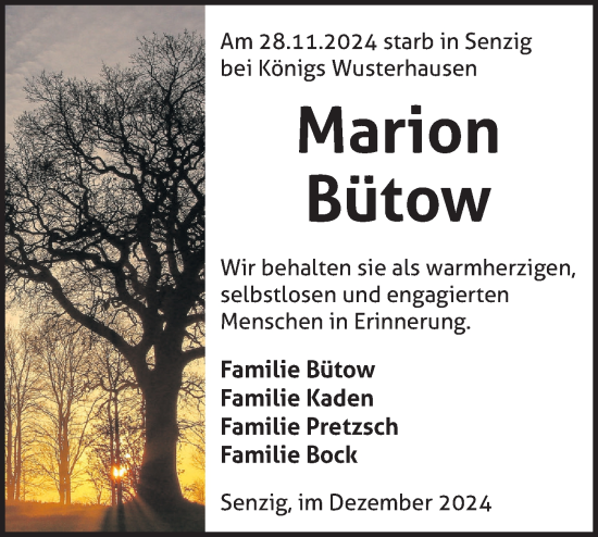 Traueranzeige von Marion Bütow von Märkische Oderzeitung