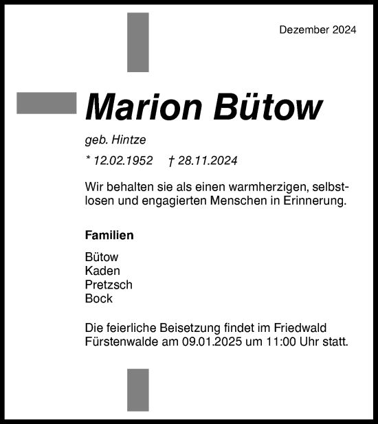 Traueranzeige von Marion Bütow von Märkische Oderzeitung