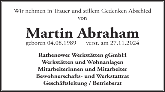 Traueranzeige von Martin Abraham von Märkische Oderzeitung