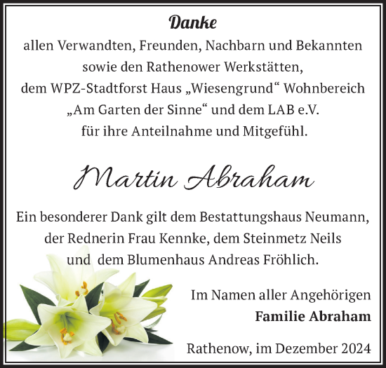 Traueranzeige von Martin Abraham von Märkische Oderzeitung