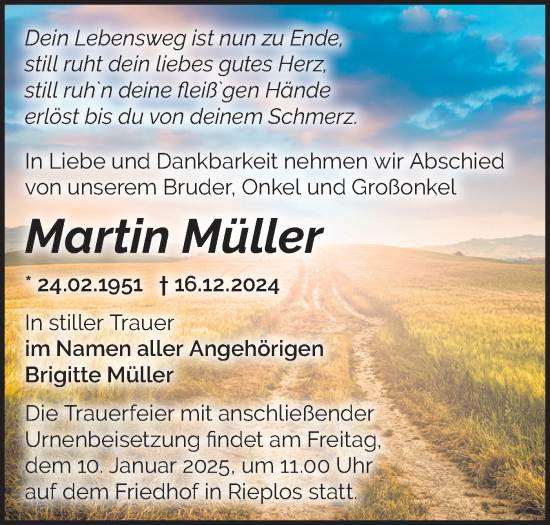 Traueranzeige von Martin Müller von Märkische Oderzeitung