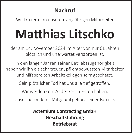 Traueranzeige von Matthias Litschko von Märkische Oderzeitung