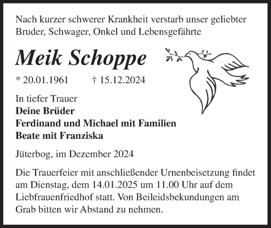 Traueranzeige von Meik Schoppe von Märkische Oderzeitung