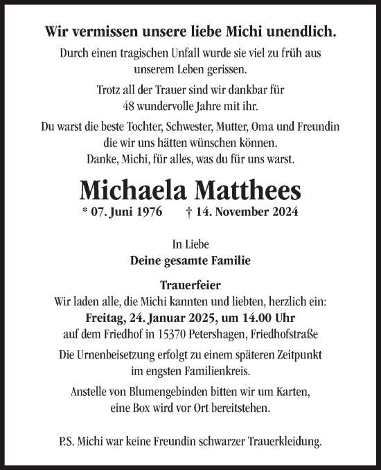 Traueranzeige von Michaela Matthees von Märkische Oderzeitung