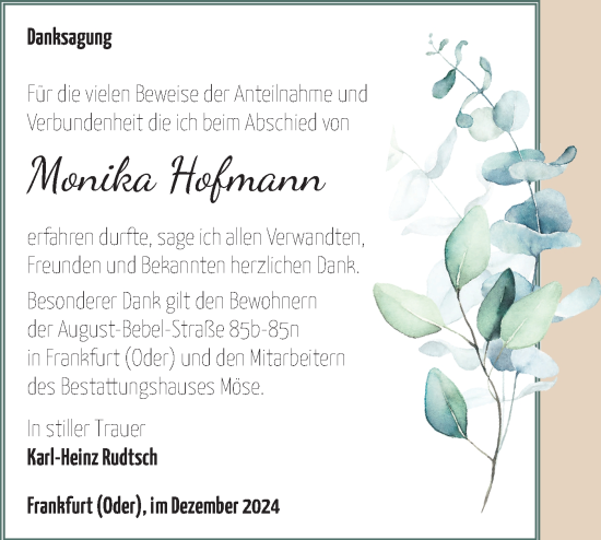 Traueranzeige von Monika Hofmann von Märkische Oderzeitung