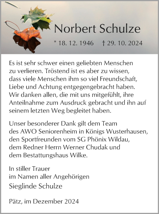 Traueranzeige von Norbert Schulze von Märkische Oderzeitung