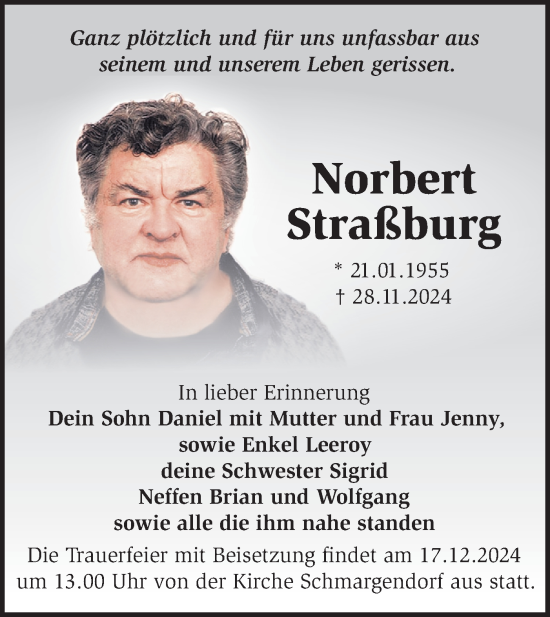 Traueranzeige von Norbert Straßburg von Märkische Oderzeitung