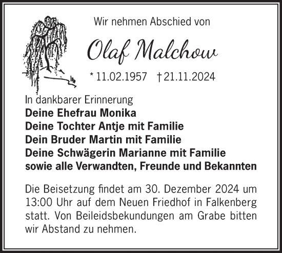 Traueranzeige von Olaf Malchow von Märkische Oderzeitung