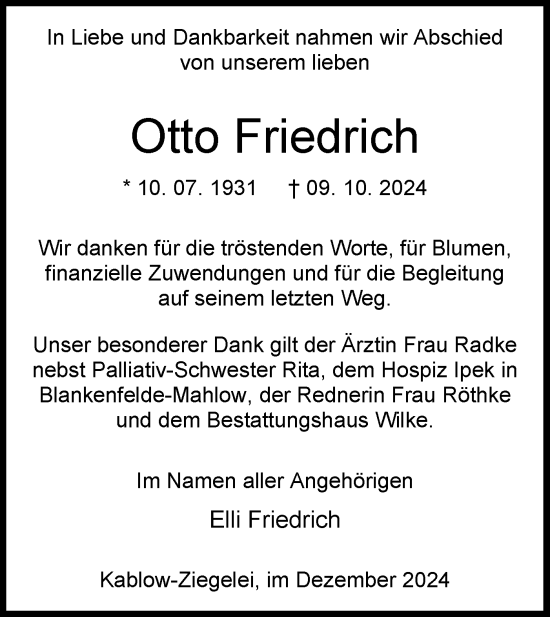 Traueranzeige von Otto Friedrich von Märkische Oderzeitung