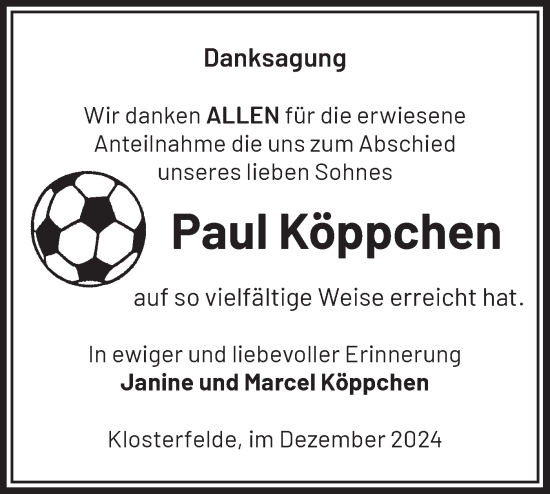 Traueranzeige von Paul Köppchen von Märkische Oderzeitung