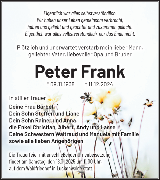 Traueranzeige von Peter Frank von Märkische Oderzeitung