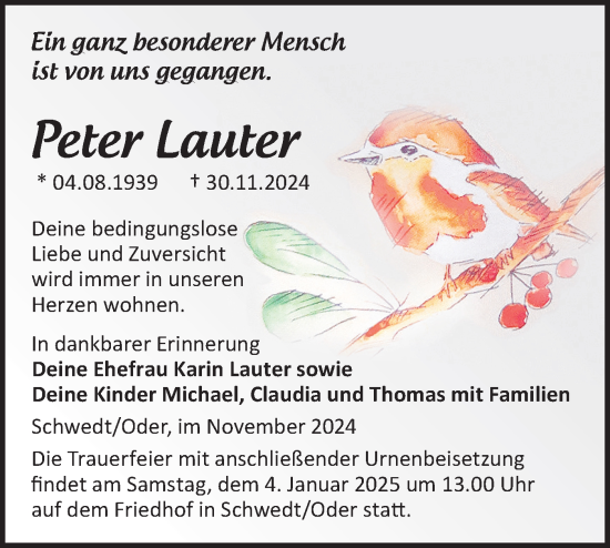 Traueranzeige von Peter Lauter von Märkische Oderzeitung