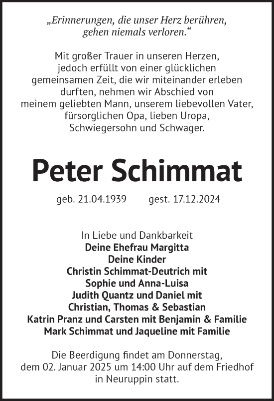 Traueranzeige von Peter Schimmat von Märkische Oderzeitung