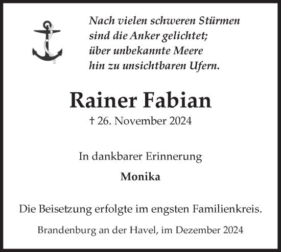 Traueranzeige von Rainer Fabian von Märkische Oderzeitung