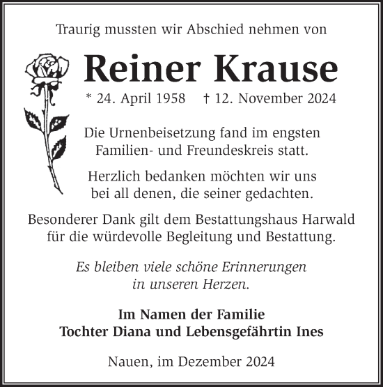 Traueranzeige von Reiner Krause von Märkische Oderzeitung