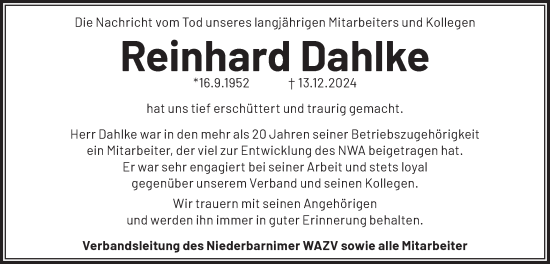 Traueranzeige von Reinhard Dahlke von Märkische Oderzeitung