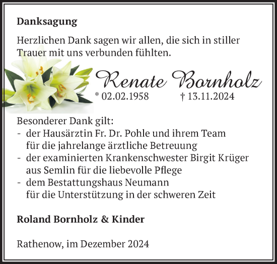 Traueranzeige von Renate Bornholz von Märkische Oderzeitung