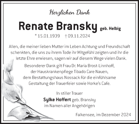 Traueranzeige von Renate Bransky von Märkische Oderzeitung