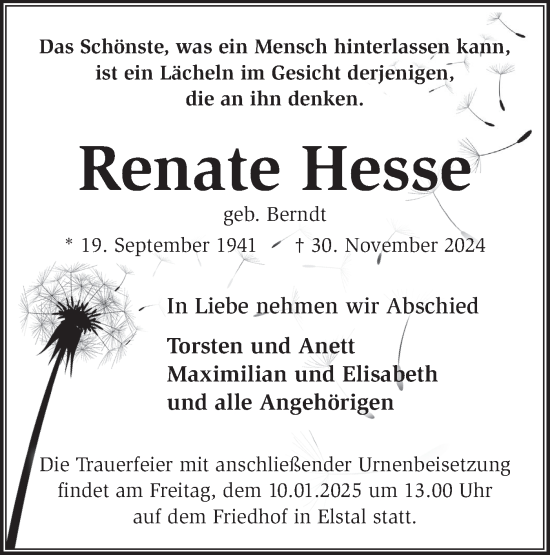 Traueranzeige von Renate Hesse von Märkische Oderzeitung