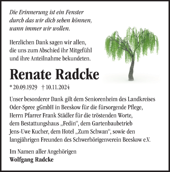 Traueranzeige von Renate Radcke von Märkische Oderzeitung