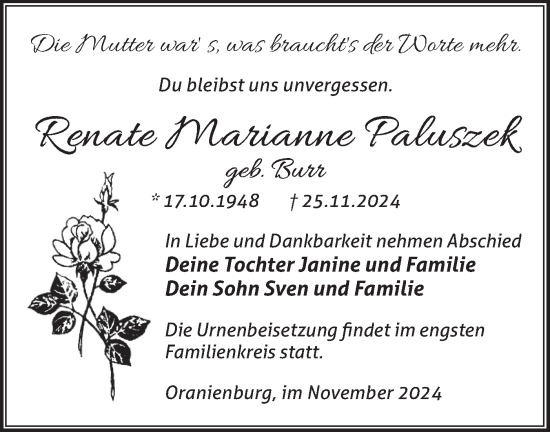 Traueranzeige von Renate Marianne Paluszek von Märkische Oderzeitung