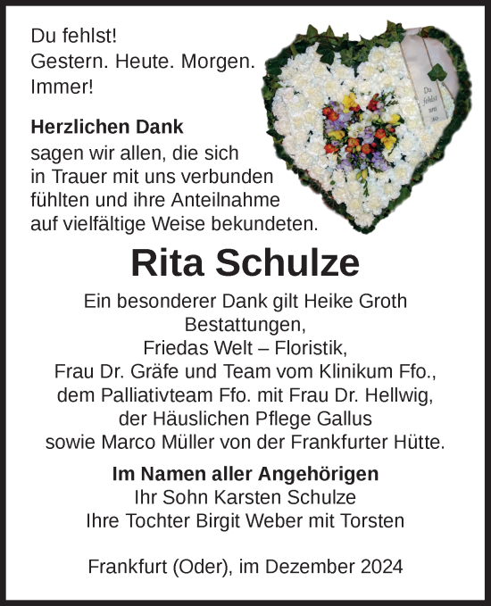 Traueranzeige von Rita Schulze von Märkische Oderzeitung