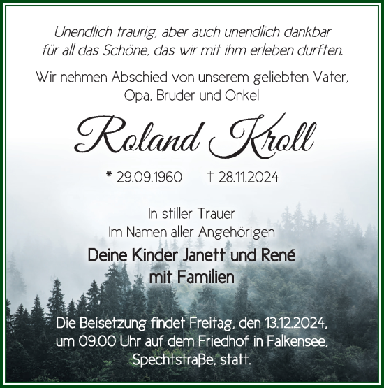 Traueranzeige von Roland Kroll von Märkische Oderzeitung