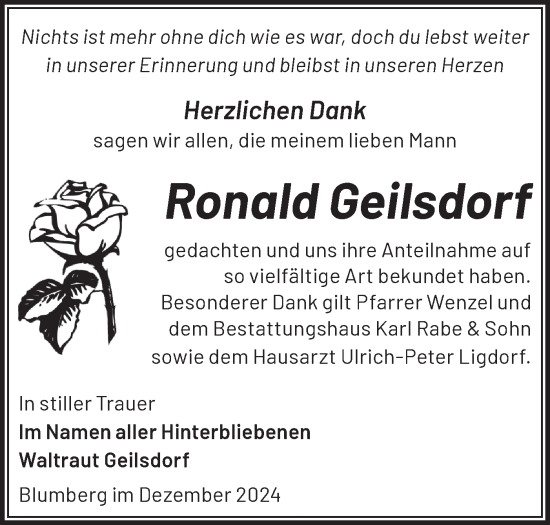 Traueranzeige von Ronald Geilsdorf von Märkische Oderzeitung