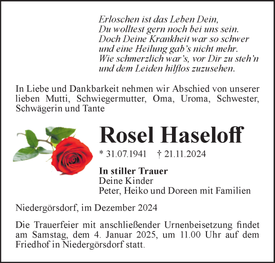 Traueranzeige von Rosel Haseloff von Märkische Oderzeitung