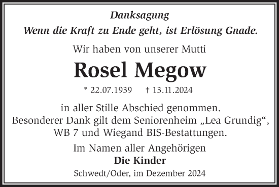 Traueranzeige von Rosel Megow von Märkische Oderzeitung