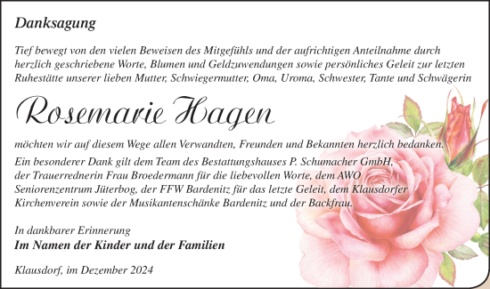 Traueranzeige von Rosemarie Hagen von Märkische Oderzeitung