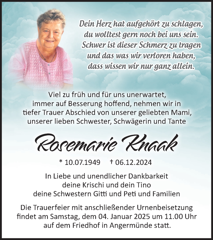  Traueranzeige für Rosemarie Knaak vom 17.12.2024 aus Märkische Oderzeitung