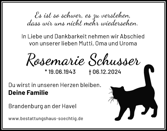 Traueranzeige von Rosemarie Schusser von Märkische Oderzeitung