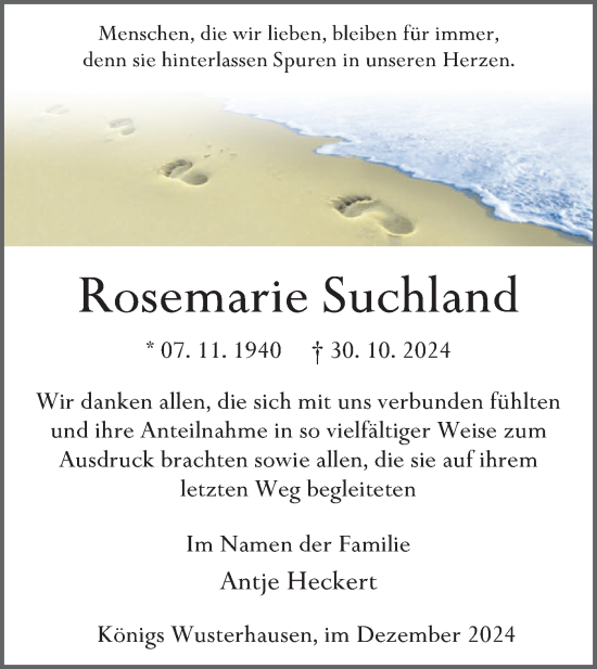 Traueranzeige von Rosemarie Suchland von Märkische Oderzeitung