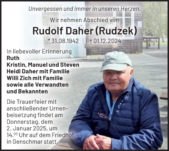 Traueranzeige von Rudolf Daher von Märkische Oderzeitung