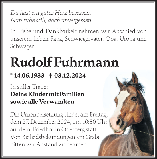 Traueranzeige von Rudolf Fuhrmann von Märkische Oderzeitung