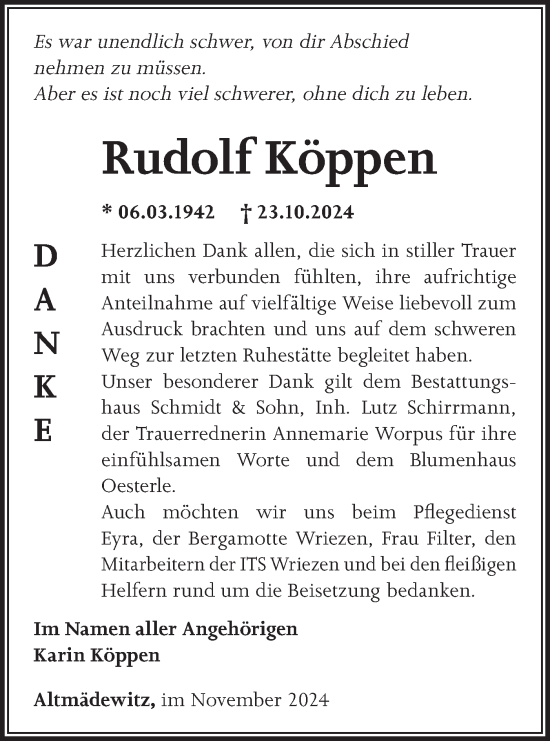 Traueranzeige von Rudolf Köppen von Märkische Oderzeitung